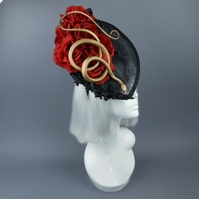 "Serpent" Red Rose, Gold Snake & Black Filigree Fascinator Hat