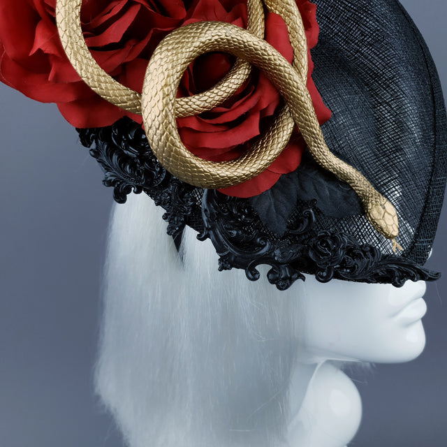 "Serpent" Red Rose, Gold Snake & Black Filigree Fascinator Hat
