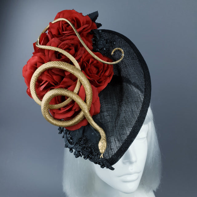 "Serpent" Red Rose, Gold Snake & Black Filigree Fascinator Hat