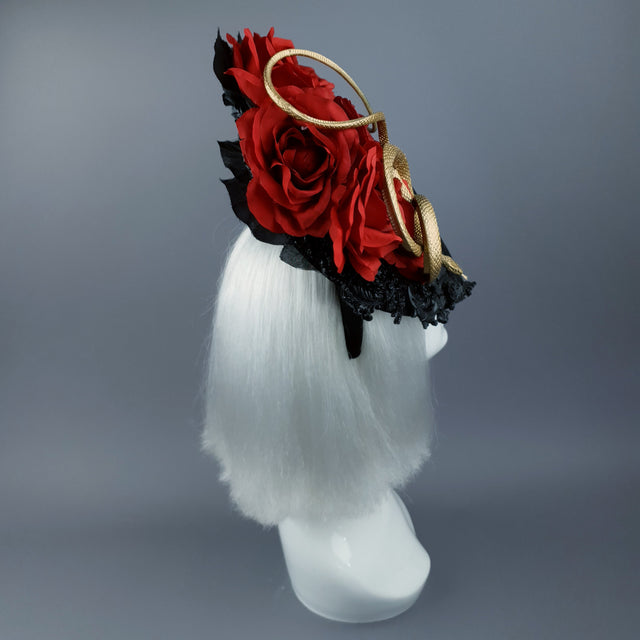 "Serpent" Red Rose, Gold Snake & Black Filigree Fascinator Hat