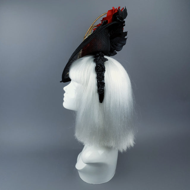 "Serpent" Red Rose, Gold Snake & Black Filigree Fascinator Hat