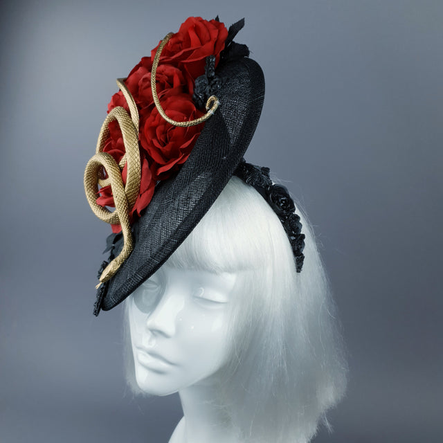 "Serpent" Red Rose, Gold Snake & Black Filigree Fascinator Hat