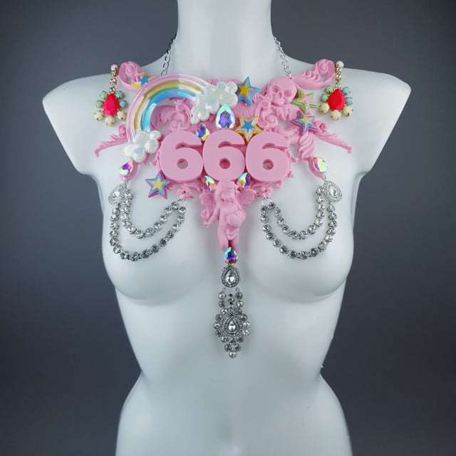 "La Sorcellerie" Pastel Pink Rainbow & Filigree 666 Neckpiece