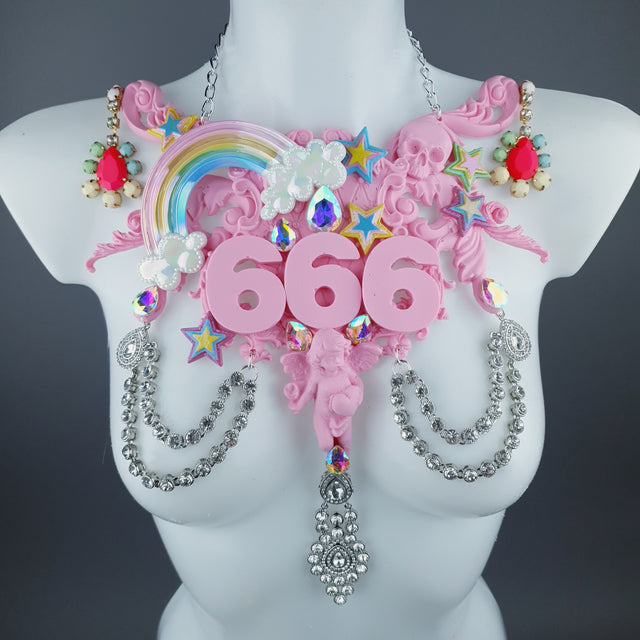 "La Sorcellerie" Pastel Pink Rainbow & Filigree 666 Neckpiece
