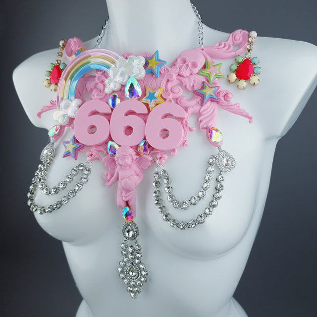 "La Sorcellerie" Pastel Pink Rainbow & Filigree 666 Neckpiece