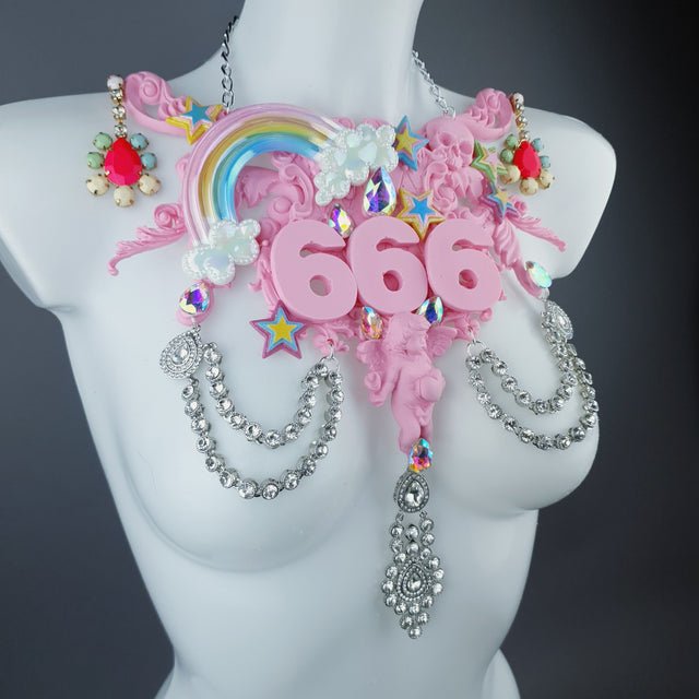 "La Sorcellerie" Pastel Pink Rainbow & Filigree 666 Neckpiece