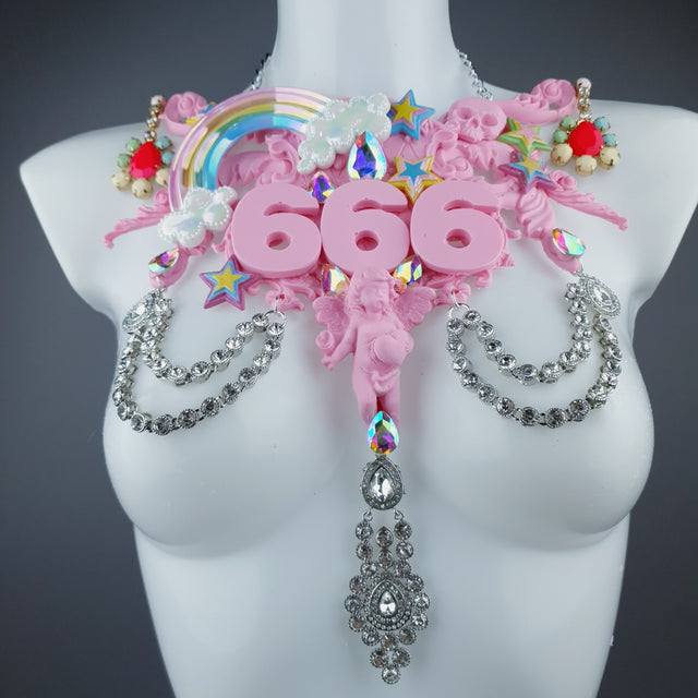 "La Sorcellerie" Pastel Pink Rainbow & Filigree 666 Neckpiece