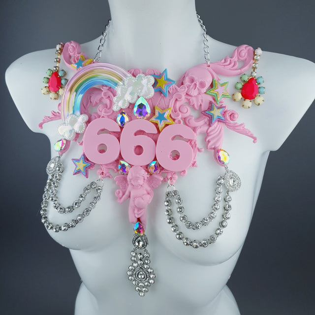 "La Sorcellerie" Pastel Pink Rainbow & Filigree 666 Neckpiece