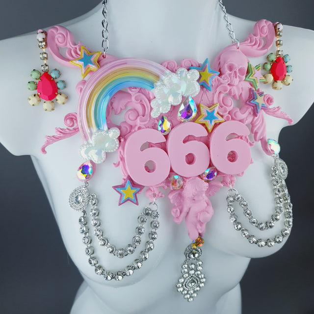 "La Sorcellerie" Pastel Pink Rainbow & Filigree 666 Neckpiece