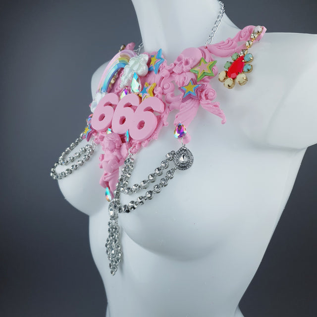 "La Sorcellerie" Pastel Pink Rainbow & Filigree 666 Neckpiece