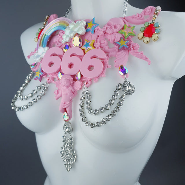 "La Sorcellerie" Pastel Pink Rainbow & Filigree 666 Neckpiece