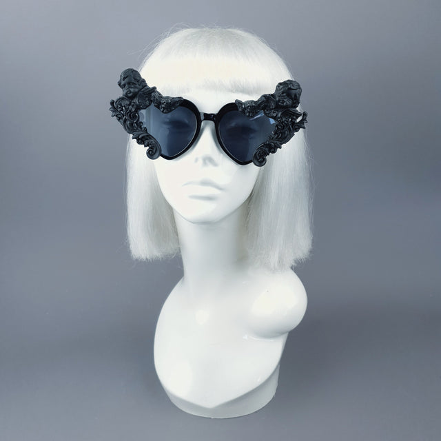 "Altar" Black Filigree Cherub Heart Shaped Sunglasses