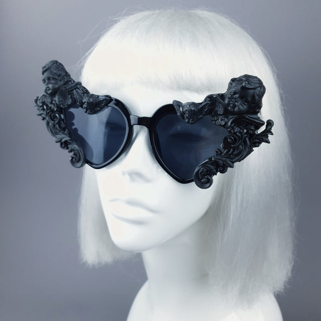 "Altar" Black Filigree Cherub Heart Shaped Sunglasses