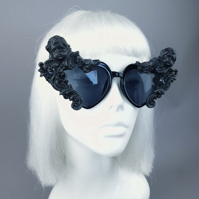 "Altar" Black Filigree Cherub Heart Shaped Sunglasses