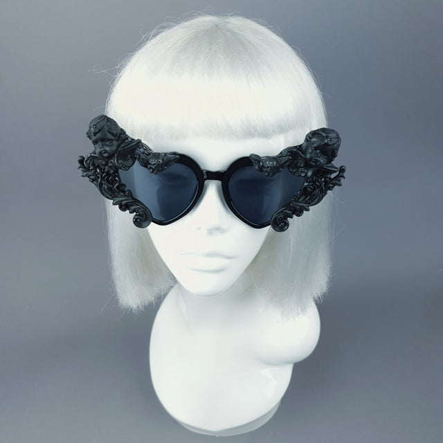 "Altar" Black Filigree Cherub Heart Shaped Sunglasses