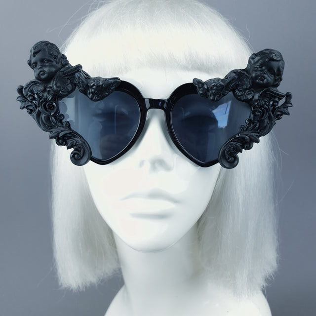 "Altar" Black Filigree Cherub Heart Shaped Sunglasses