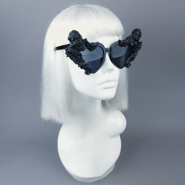 "Altar" Black Filigree Cherub Heart Shaped Sunglasses