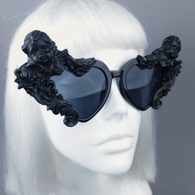 "Altar" Black Filigree Cherub Heart Shaped Sunglasses