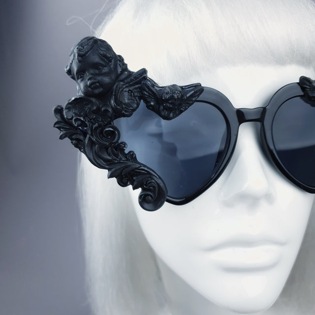 "Altar" Black Filigree Cherub Heart Shaped Sunglasses