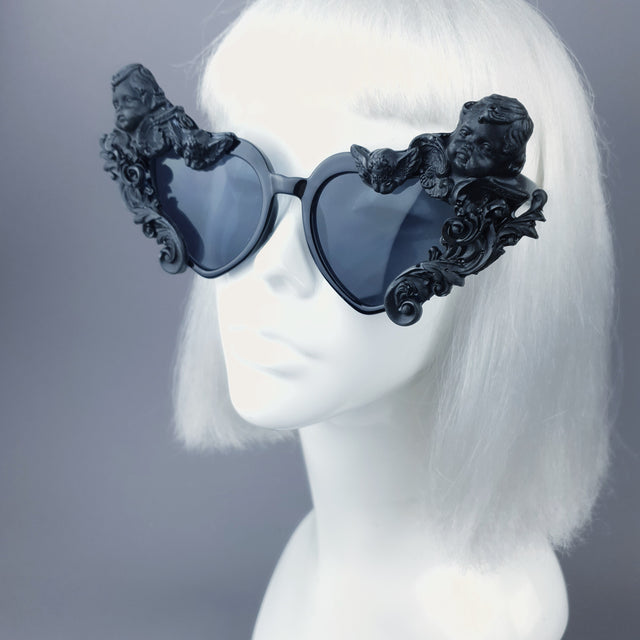 "Altar" Black Filigree Cherub Heart Shaped Sunglasses