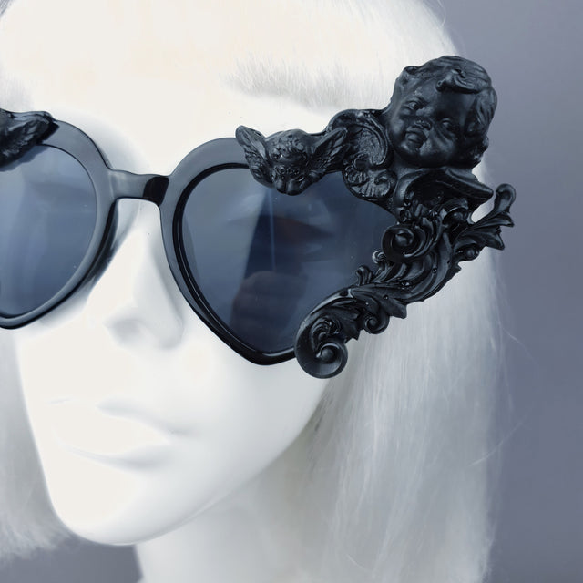 "Altar" Black Filigree Cherub Heart Shaped Sunglasses