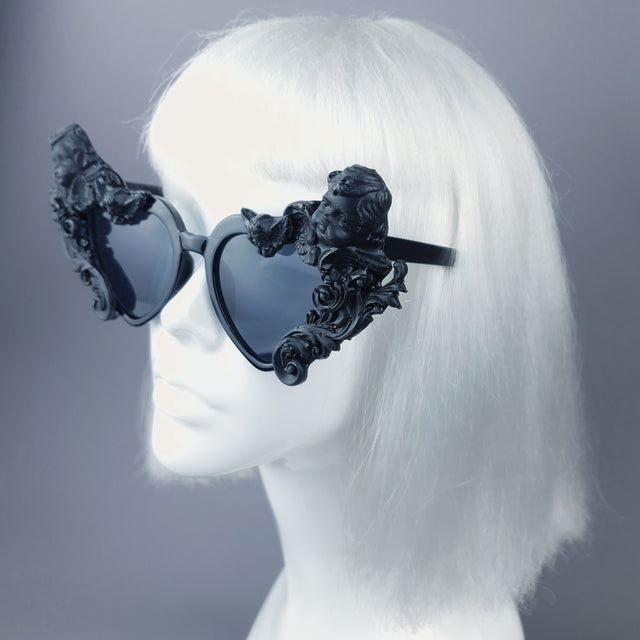 "Altar" Black Filigree Cherub Heart Shaped Sunglasses