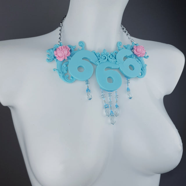 "Omen" Pastel Blue & Pink 666 Filigree & Beading Neckpiece