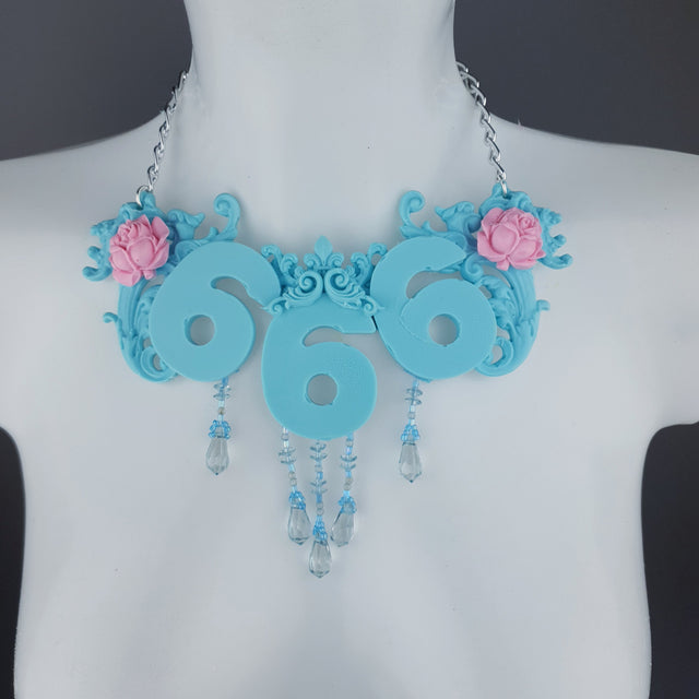 "Omen" Pastel Blue & Pink 666 Filigree & Beading Neckpiece