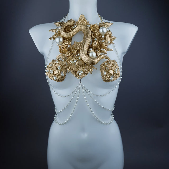 "Manasa" Gold Snake, Rose & Pearl Harness Body Jewellery & Pasties.