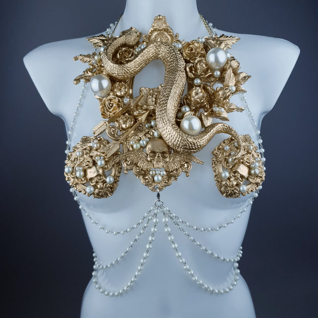 "Manasa" Gold Snake, Rose & Pearl Harness Body Jewellery & Pasties.