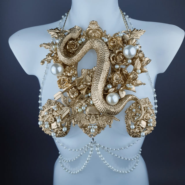 "Manasa" Gold Snake, Rose & Pearl Harness Body Jewellery & Pasties.