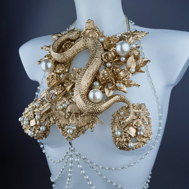 "Manasa" Gold Snake, Rose & Pearl Harness Body Jewellery & Pasties.