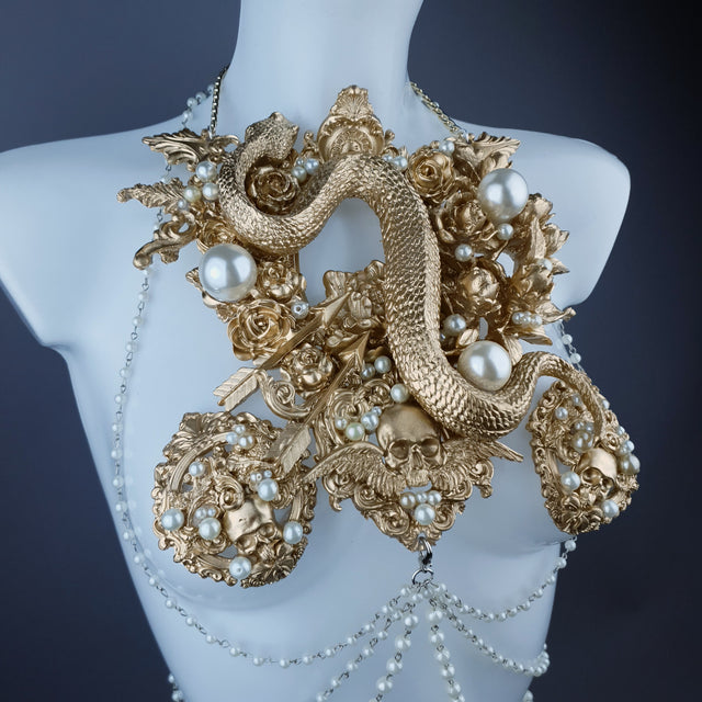 "Manasa" Gold Snake, Rose & Pearl Harness Body Jewellery & Pasties.