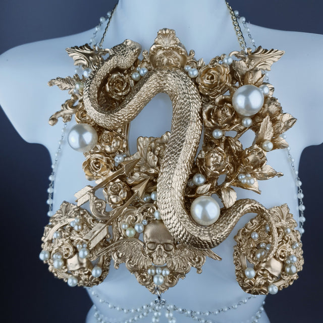 "Manasa" Gold Snake, Rose & Pearl Harness Body Jewellery & Pasties.