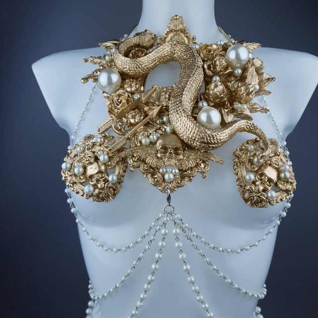 "Manasa" Gold Snake, Rose & Pearl Harness Body Jewellery & Pasties.