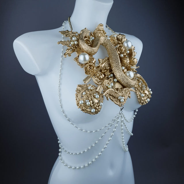 "Manasa" Gold Snake, Rose & Pearl Harness Body Jewellery & Pasties.