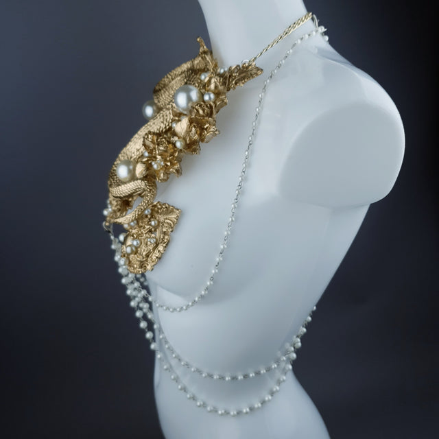 "Manasa" Gold Snake, Rose & Pearl Harness Body Jewellery & Pasties.