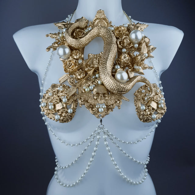 "Manasa" Gold Snake, Rose & Pearl Harness Body Jewellery & Pasties.