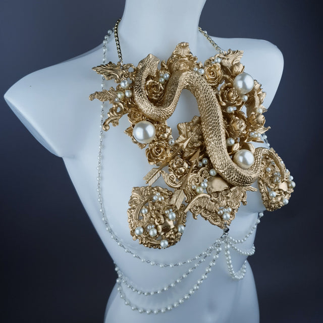 "Manasa" Gold Snake, Rose & Pearl Harness Body Jewellery & Pasties.