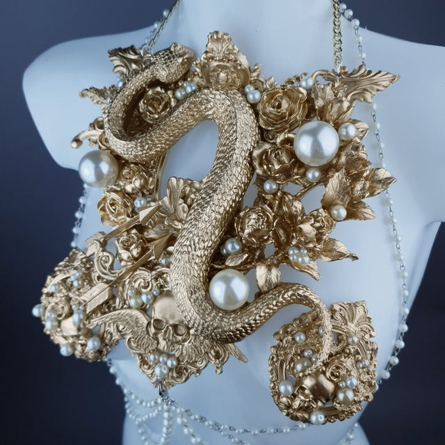 "Manasa" Gold Snake, Rose & Pearl Harness Body Jewellery & Pasties.