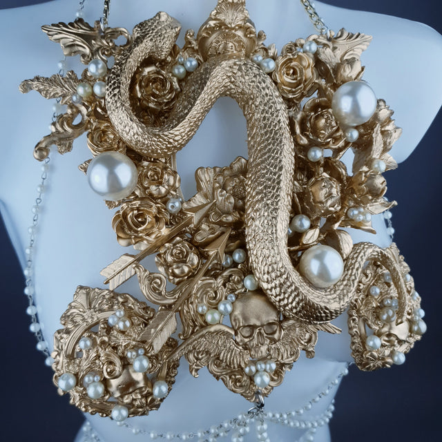 "Manasa" Gold Snake, Rose & Pearl Harness Body Jewellery & Pasties.