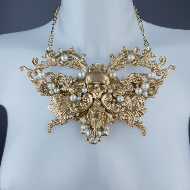 "Gulika" Gold & Pearl Skull Ganesh Filigree Necklace