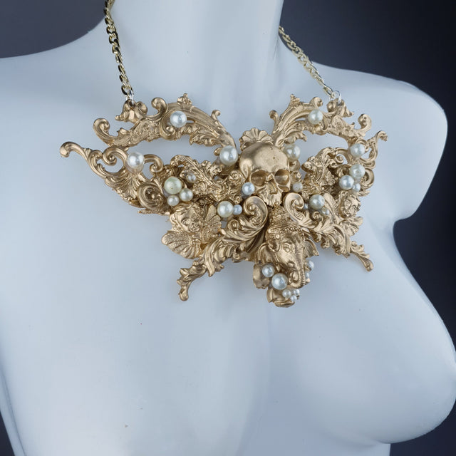 "Gulika" Gold & Pearl Skull Ganesh Filigree Necklace
