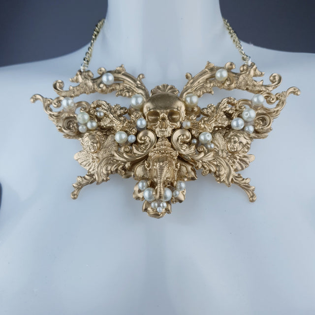 "Gulika" Gold & Pearl Skull Ganesh Filigree Necklace