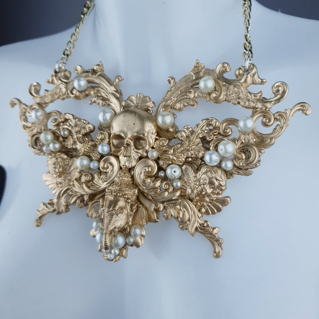 "Gulika" Gold & Pearl Skull Ganesh Filigree Necklace