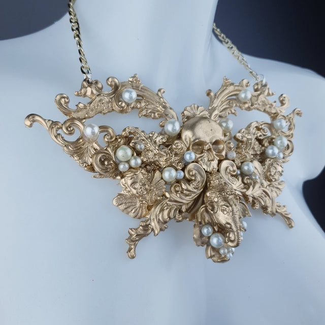 "Gulika" Gold & Pearl Skull Ganesh Filigree Necklace