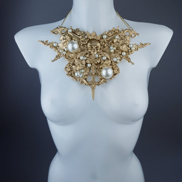 "Santua" Gold & Pearl Skull Scissors Filigree Necklace