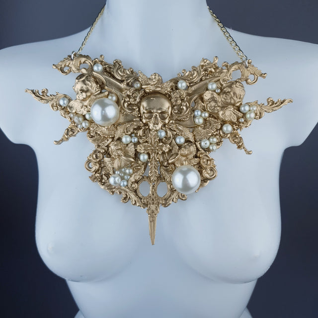 "Santua" Gold & Pearl Skull Scissors Filigree Necklace
