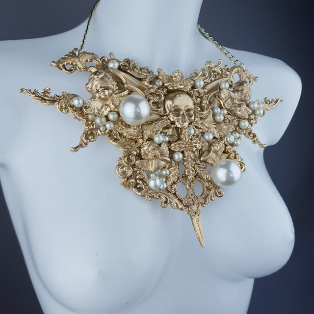 "Santua" Gold & Pearl Skull Scissors Filigree Necklace