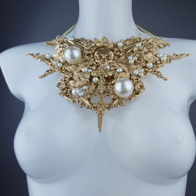 "Santua" Gold & Pearl Skull Scissors Filigree Necklace